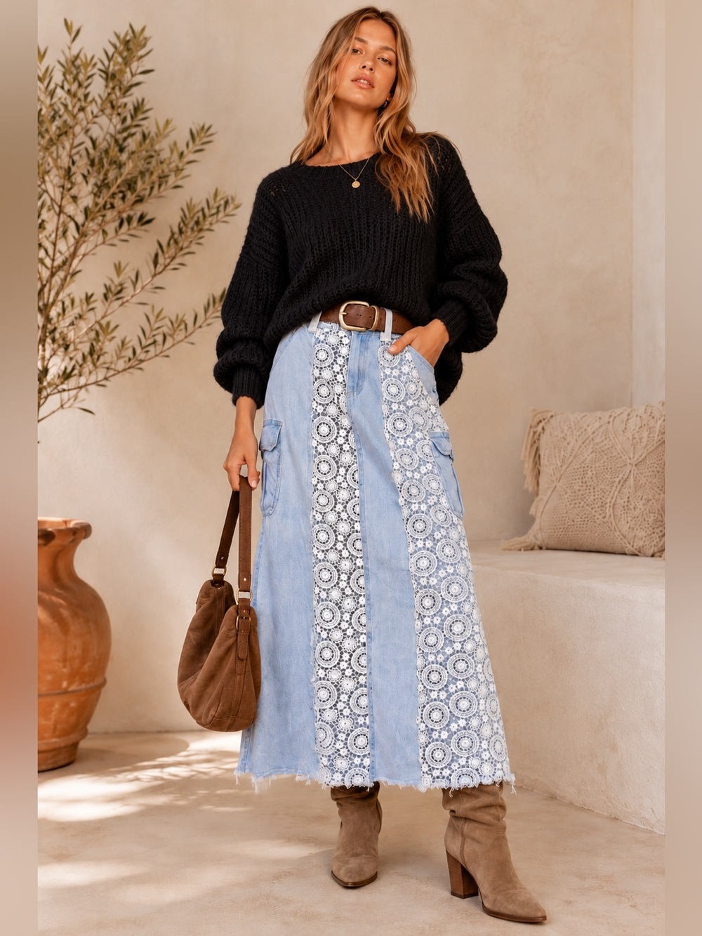 POL Lace Panel Denim Skirt – Boho Chic Statement Piece SIZE SMALL
